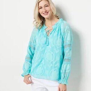 Belle by Kim Gravel Feminine Burnout Blouse with Tassels Cabana Blue Medium